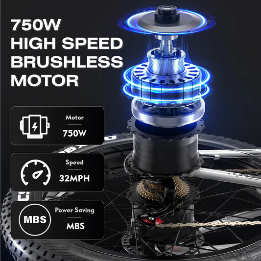 26 Inch Electric Bike for Adults, 750W Folding Fat Tire Bikes, 52V Ebike 19Ah Removable Li-Ion Battery 7-Speed